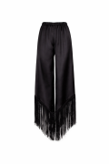 TPN Bend Black Satin Wide-Leg Trousers with Asymmetric Fringe