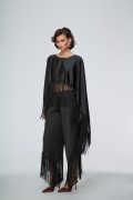 TPN Bend Black Satin Wide-Leg Trousers with Asymmetric Fringe