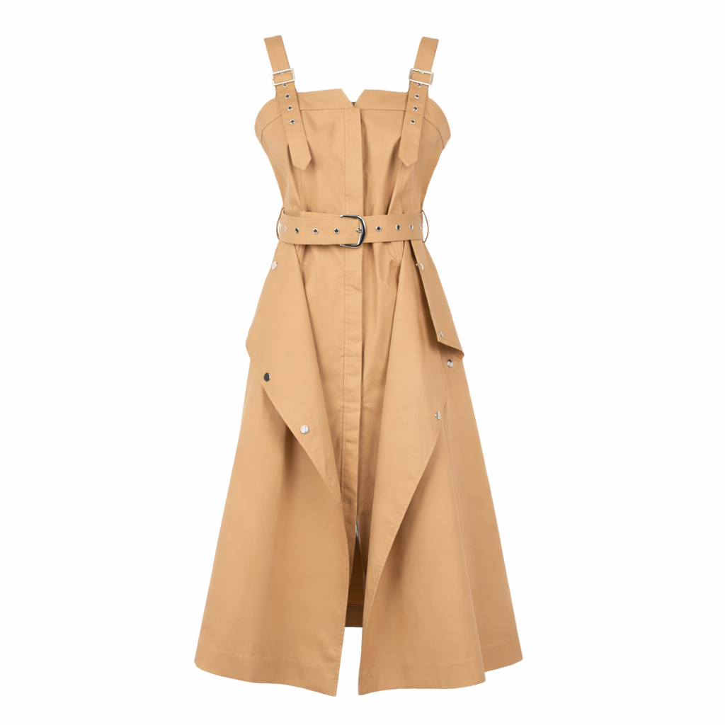 Lubbock Beige Trench-Style Midi Dress - Chic Utility Design